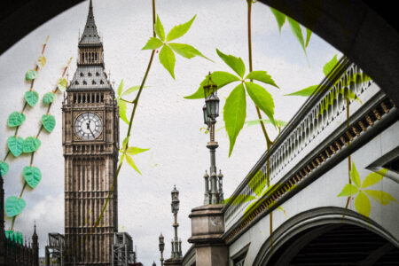 graphic of Big ben and a bridge with overlay of leaves and vines