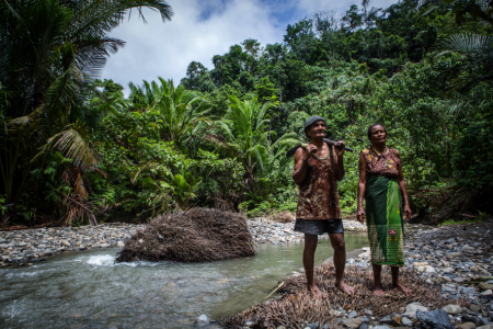 rainforest in backgrouns with a river crossing he image, on the nearest bank a man and woman stand he has a machette over one shoulder